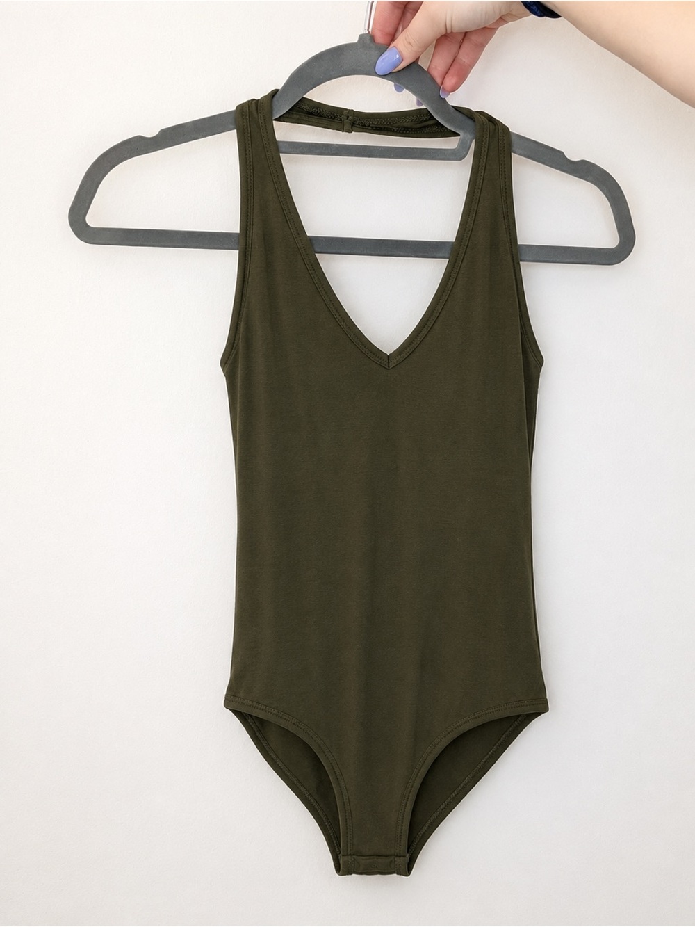 Olive Green Open Back Bodysuit | Deep V Sleeveless Stretch Top | Size L